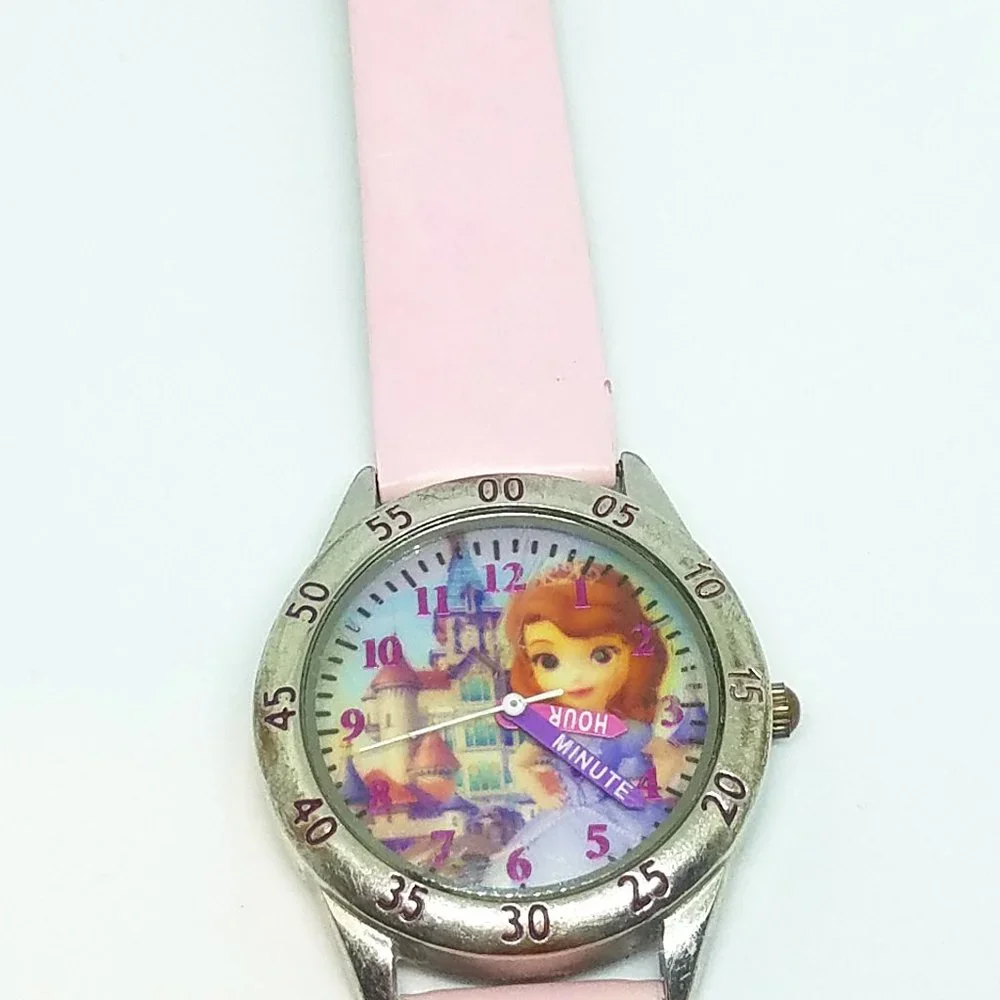 Teach How Tell Time - Disney Princess Castle Pink Leather Band Child Girl Watch